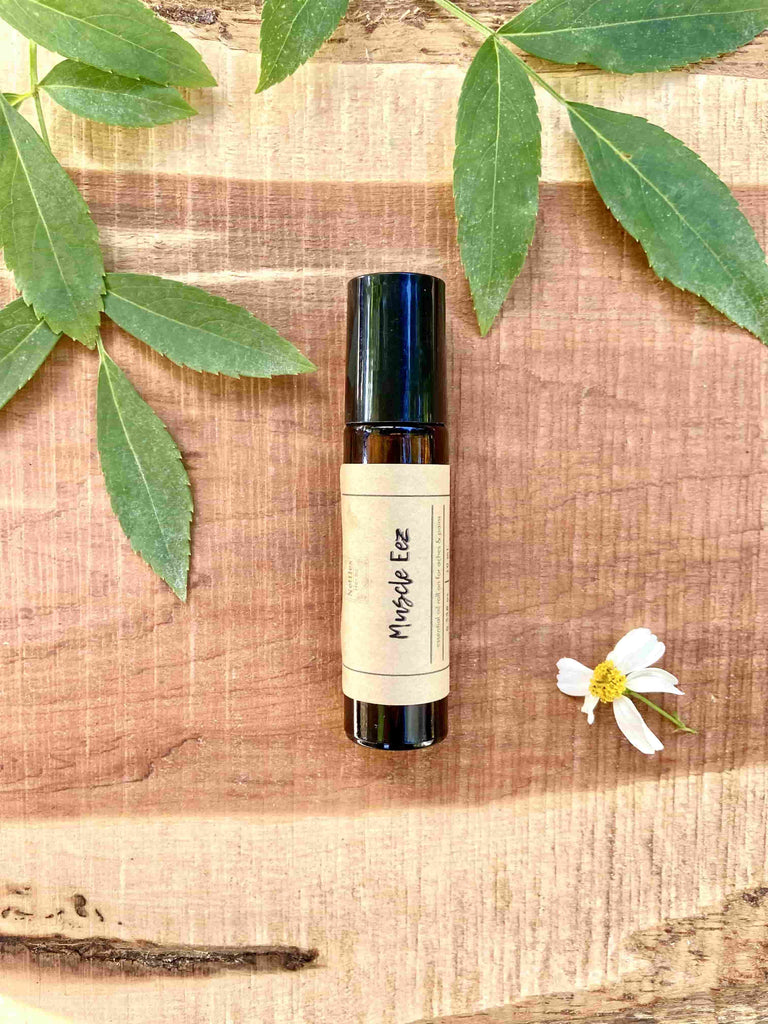 Muscle Eez essential oil roll-on. Infused with cinnamon, clove, rosemary, and lavender, this uplifting formula provides a comforting, herbaceous aroma. 